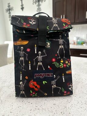 Jansport Black Lunch Tote with Colorful Floral Skeleton Accents